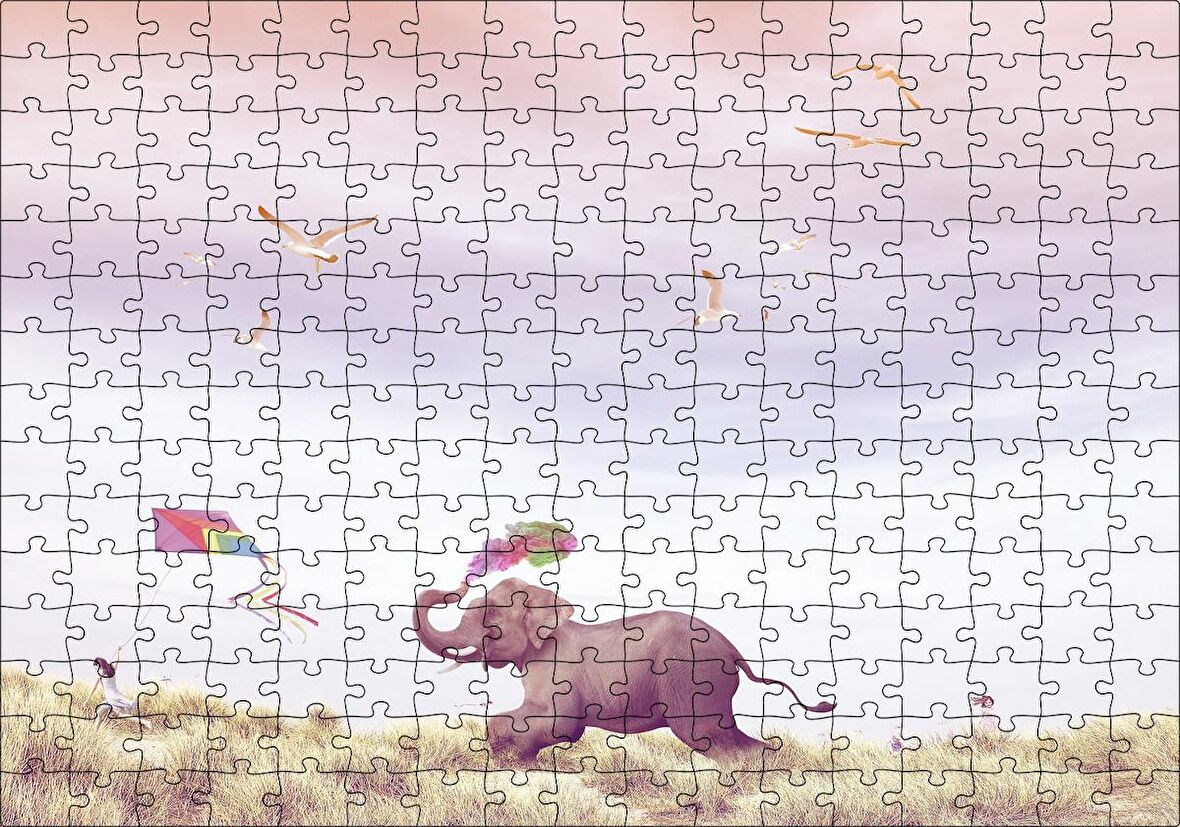 Cakapuzzle Uçurtma Uçuran Kız ve Renk Püsküren Fil Puzzle Yapboz MDF Ahşap