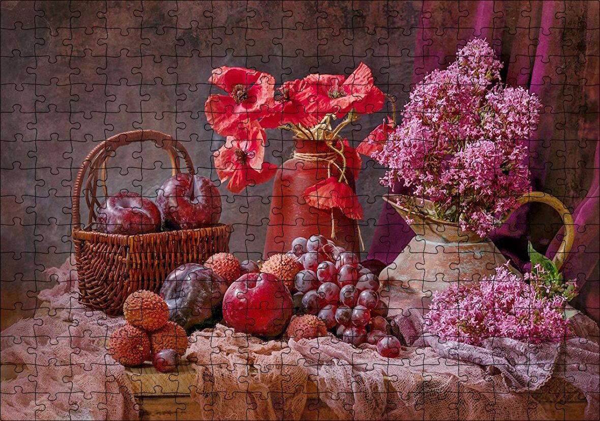 Cakapuzzle Vazolarda Sümbül ve Gelincikler Sepette Taze Meyveler Puzzle Yapboz MDF Ahşap