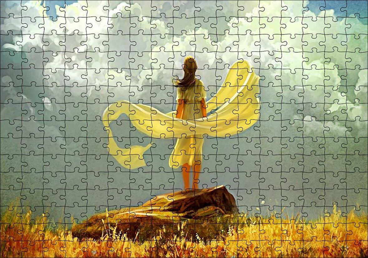 Cakapuzzle Bulutlu Gökler ve Sarı Elbiseli Kız Puzzle Yapboz MDF Ahşap
