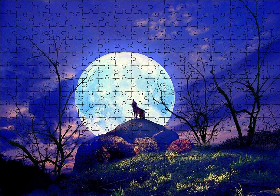 Cakapuzzle Çıplak Ağaçlar, Uluyan Kurt ve Süper Ay Puzzle Yapboz MDF Ahşap