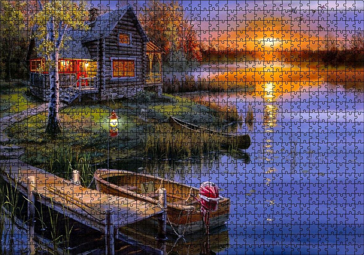 Cakapuzzle Günbatımında Göl Ağaç Ev ve Kayıklar Puzzle Yapboz MDF Ahşap