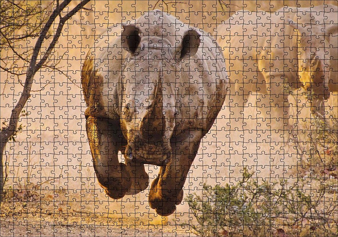 Cakapuzzle Hücum Halindeki Gergedan ve Arkada Ailesi Puzzle Yapboz MDF Ahşap