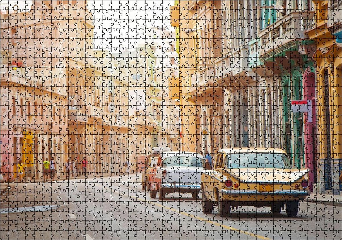 Cakapuzzle Küba'da Eski Binalar ve Klasik Arabalar Puzzle Yapboz MDF Ahşap