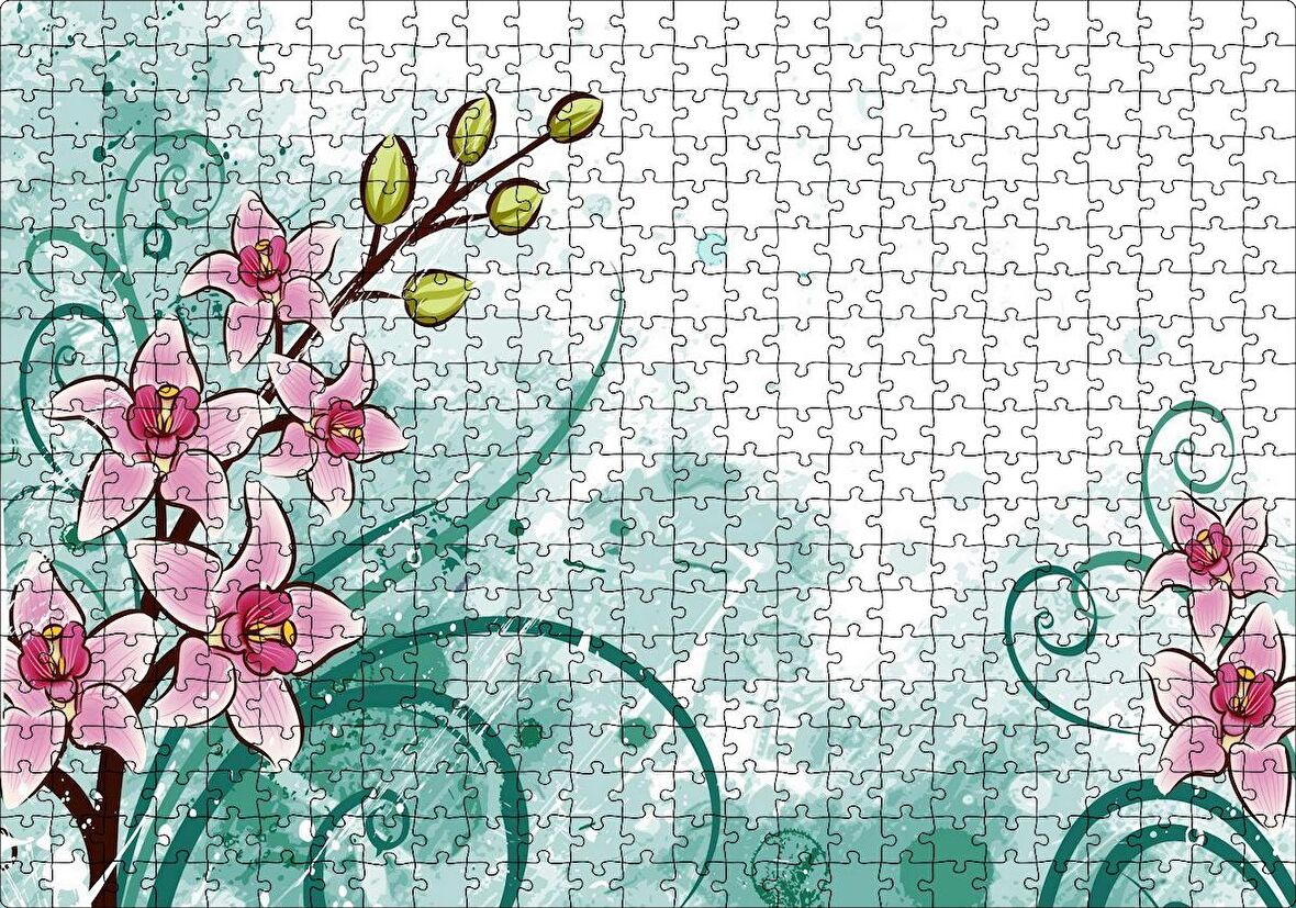 Cakapuzzle Pembe Çiçekler Yeşil Tohumlar ve Flu Desenler Puzzle Yapboz MDF Ahşap