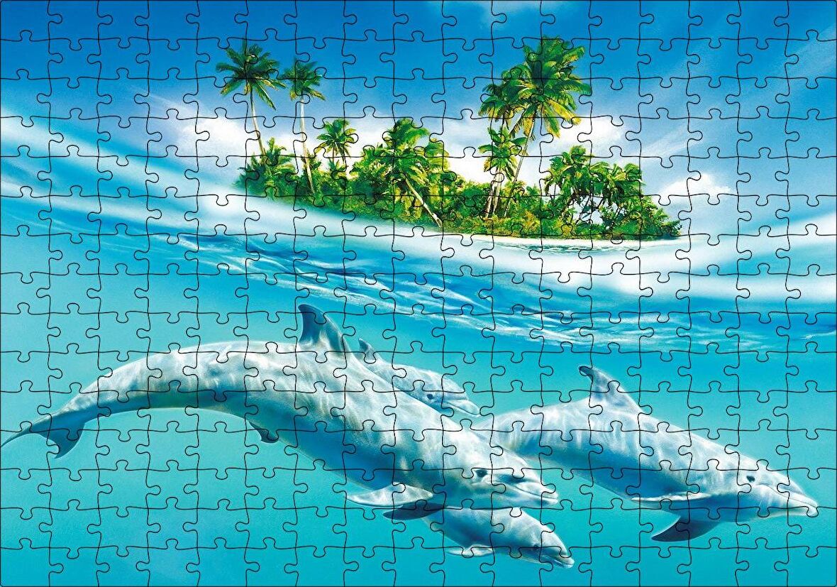 Cakapuzzle Tropik Ada ve Berrak Sulardaki Yunuslar Puzzle Yapboz MDF Ahşap