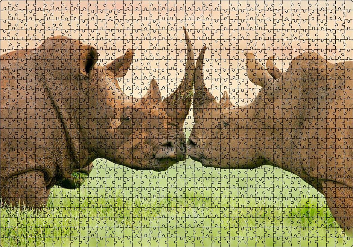 Cakapuzzle Yeşil Çayırdaki Erkek ve Dişi Gergedan Puzzle Yapboz MDF Ahşap