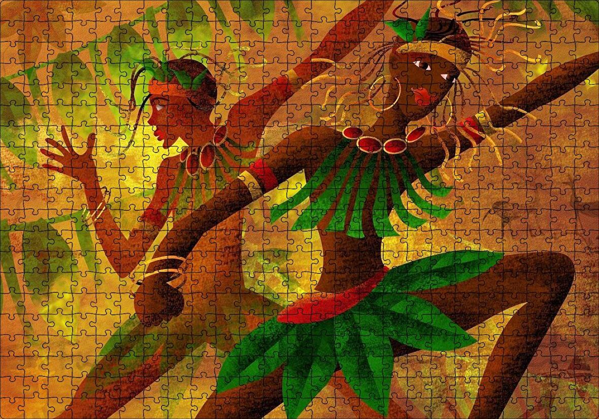 Cakapuzzle Yeşil Yaprak Elbiseli Dans Eden Afrikalı Kadınlar Puzzle Yapboz MDF Ahşap