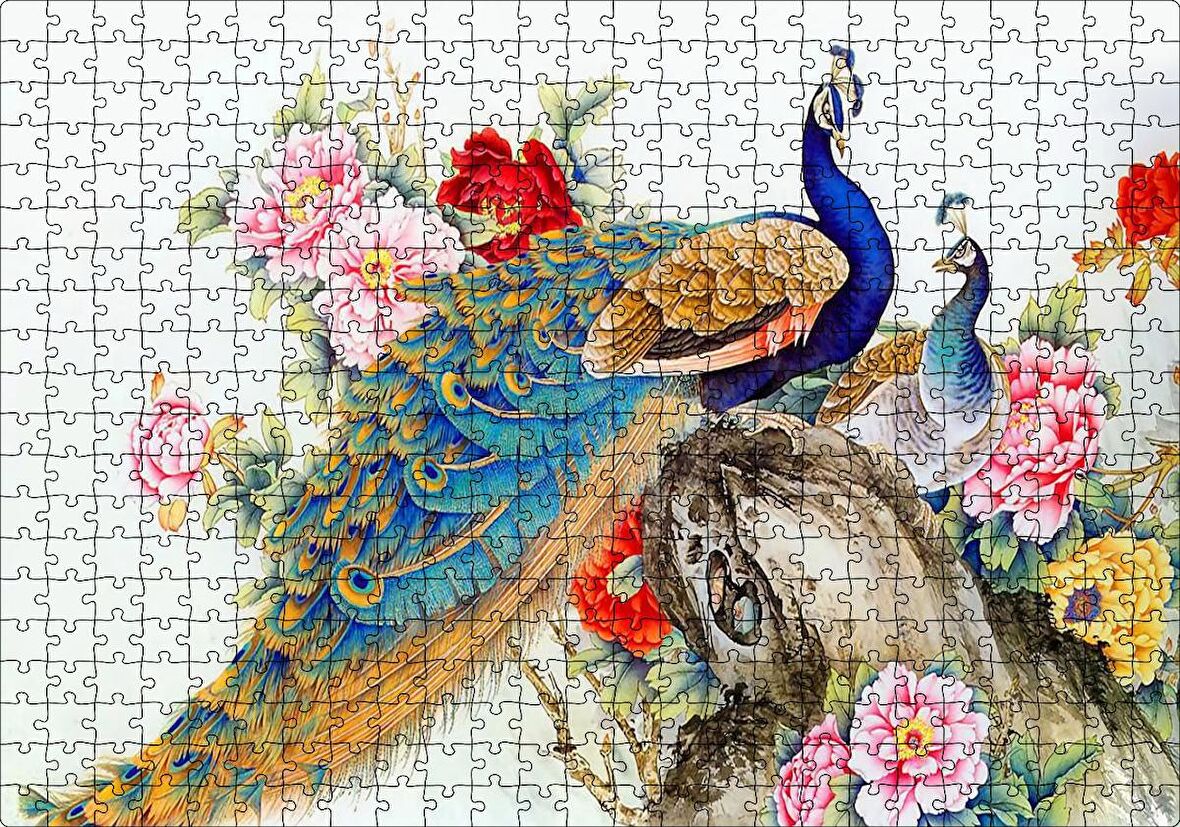 Cakapuzzle Çift Tavuskuşiar Sanatsal Görsel Puzzle Yapboz MDF Ahşap