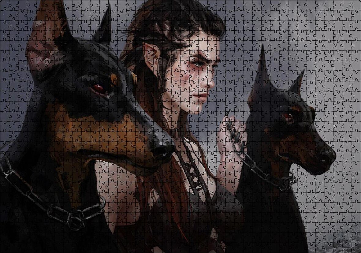 Cakapuzzle Elf Kızı ve İki Doberman Köpeği Puzzle Yapboz MDF Ahşap