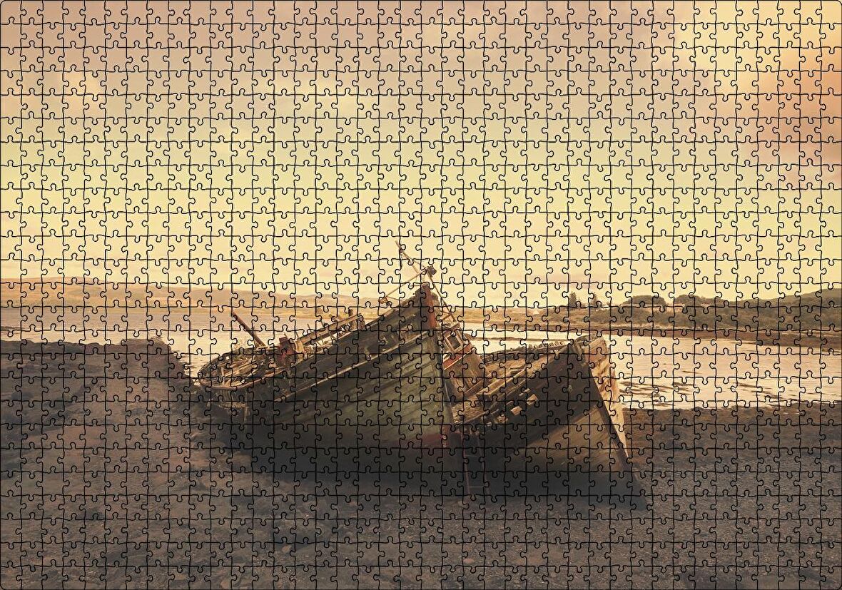 Cakapuzzle Göl Kıyısında Terkedilmiş Gemiler ve Gün Doğumu Puzzle Yapboz MDF Ahşap
