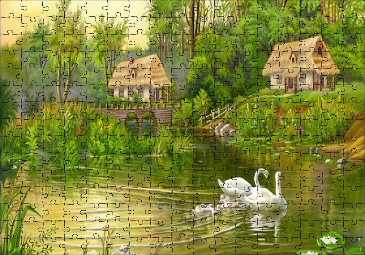 Cakapuzzle Göl Manzaralı Kulübeler ve Kuğu Çiftiyle Yavruları Puzzle Yapboz MDF Ahşap