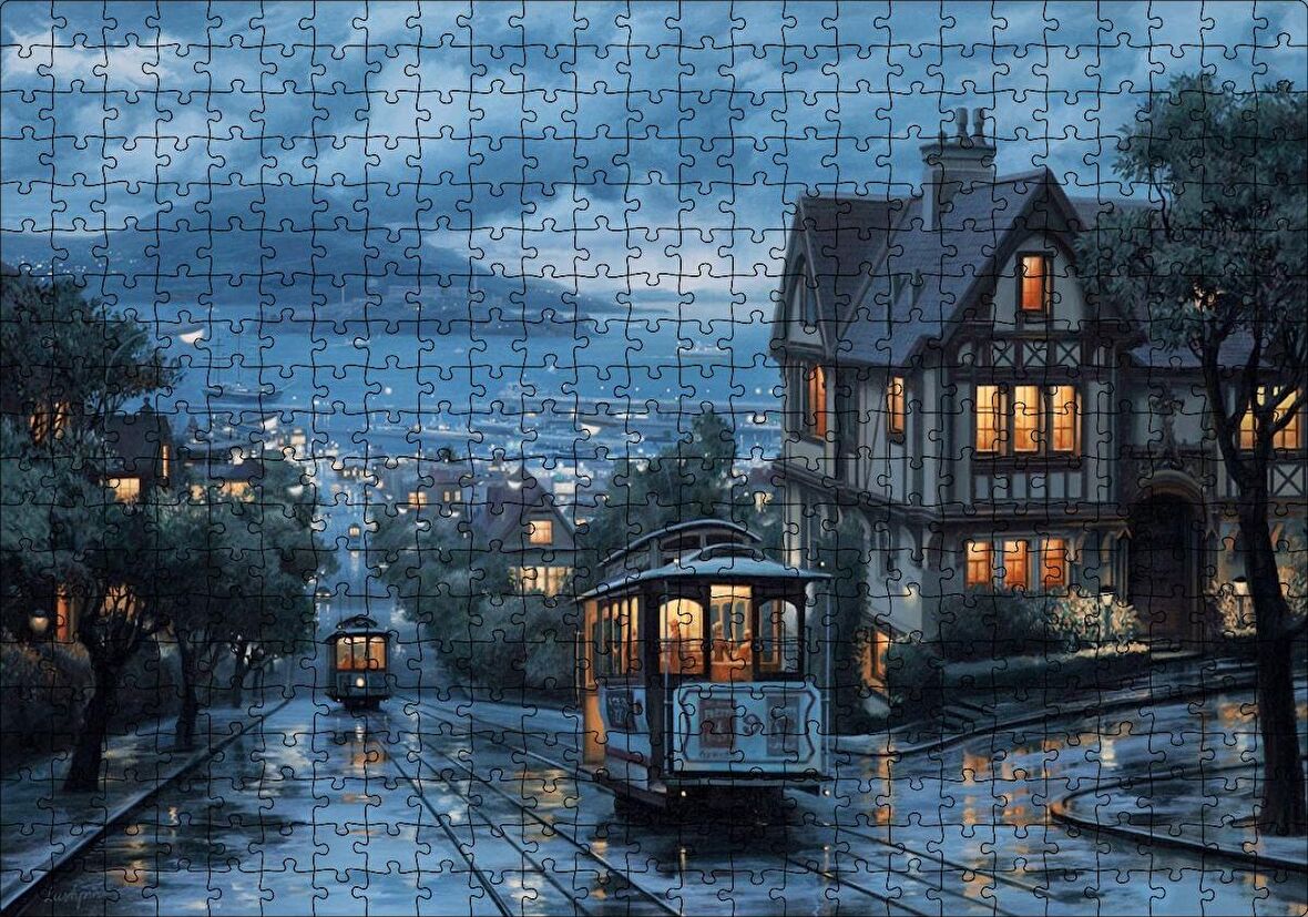 Cakapuzzle Yağmurlu Sokaklar Tramvaylar ve Gece Işıkları Puzzle Yapboz MDF Ahşap
