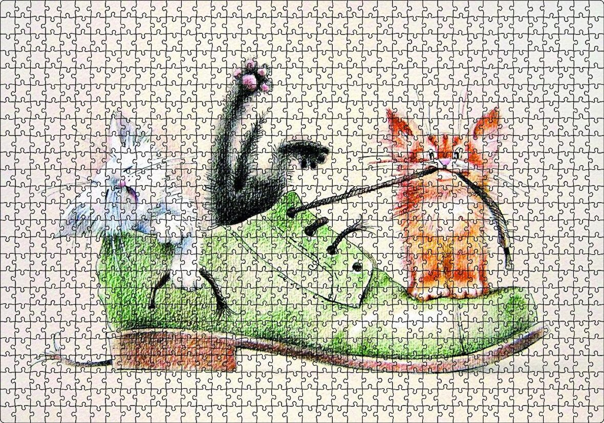Cakapuzzle Yeşil Ayakkabı ve İçinde Yavru Kediler Karikatür Puzzle Yapboz MDF Ahşap