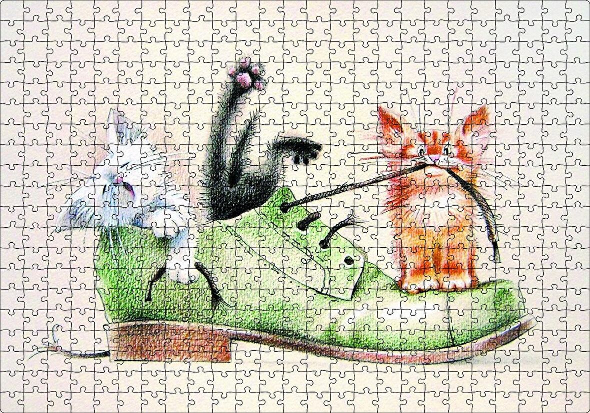 Cakapuzzle Yeşil Ayakkabı ve İçinde Yavru Kediler Karikatür Puzzle Yapboz MDF Ahşap