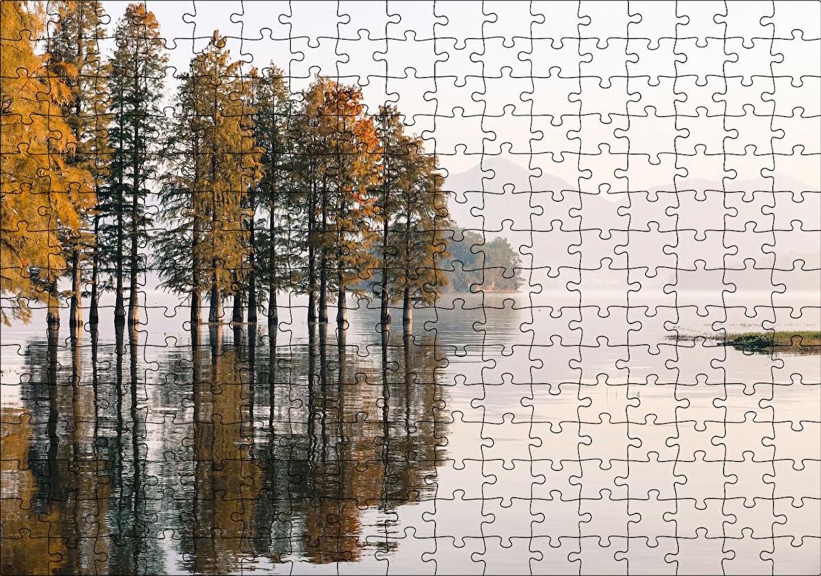 Cakapuzzle Durgun Gölde Ağaçlar Sisli Arka Plan Puzzle Yapboz MDF Ahşap