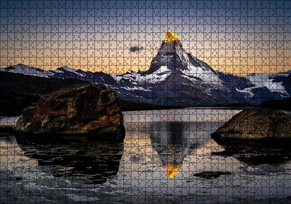 Cakapuzzle Karlı Dağlar ve Altın Rengi Zirve Puzzle Yapboz MDF Ahşap