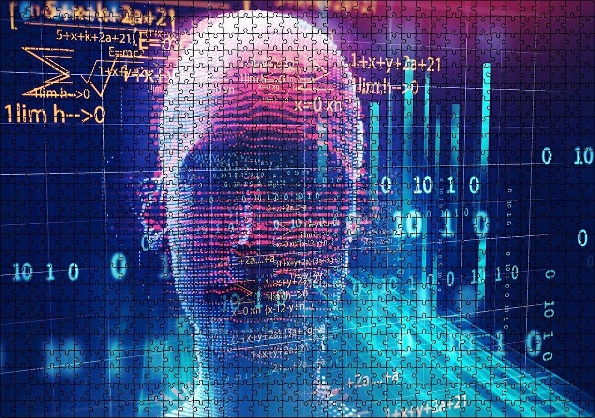 Cakapuzzle Robotik Kadın Yüzü Silüet ve Dijital Semboller Puzzle Yapboz MDF Ahşap