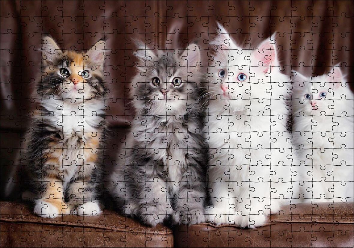 Cakapuzzle Kahverengi Deri Koltukta Sevimli 4 Kedi Puzzle Yapboz MDF Ahşap
