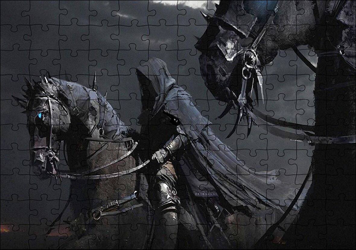 Cakapuzzle Kara Koşumlu Kara Atlar ve Kara Pelerinli Süvari Puzzle Yapboz MDF Ahşap