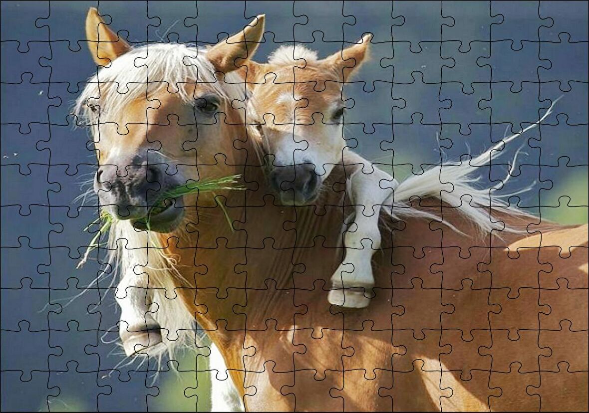 Cakapuzzle Otlayan Kahverengi Beyaz At ile Sırtındaki Tayı Puzzle Yapboz MDF Ahşap