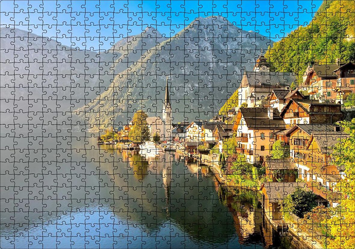 Cakapuzzle Avusturya Alplerinde Göl Kenarındaki Kasaba Puzzle Yapboz MDF Ahşap