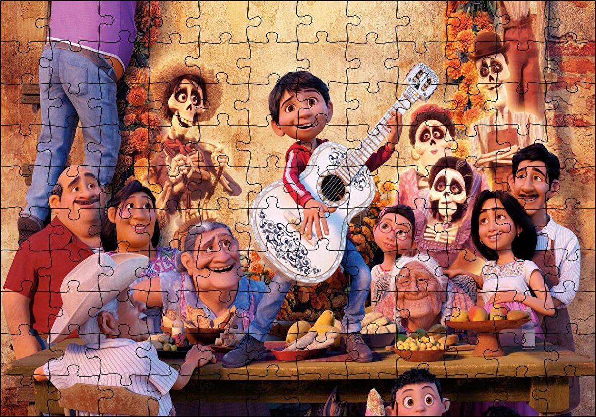 Cakapuzzle Coco Gitarist Çocuk ve Masada Tüm Karakterler Puzzle Yapboz MDF Ahşap