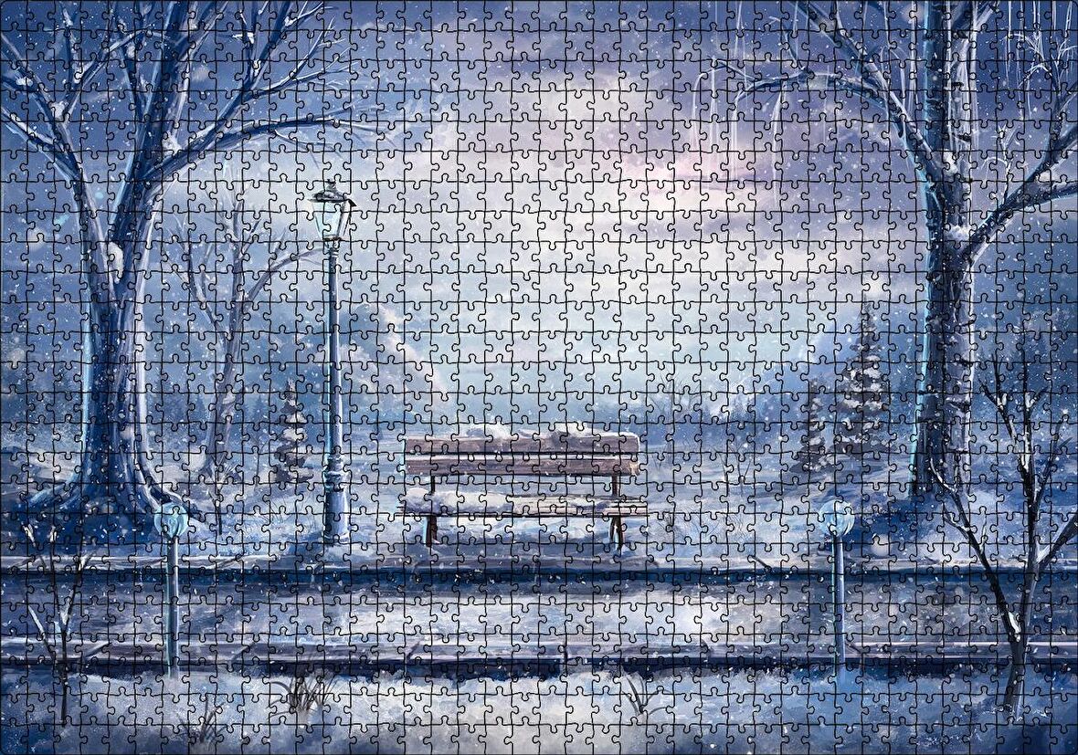Cakapuzzle Animasyon Tren Yolu Bank Ağaçlar Kar Görseli Puzzle Yapboz MDF Ahşap