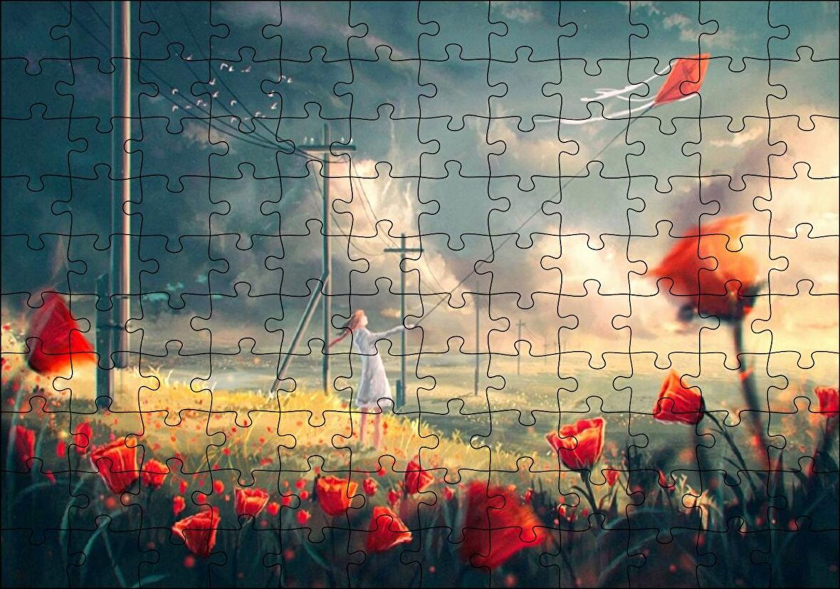 Cakapuzzle Anime Kız Uçurtmalar Rüzgar Çiçekler Görseli Puzzle Yapboz MDF Ahşap