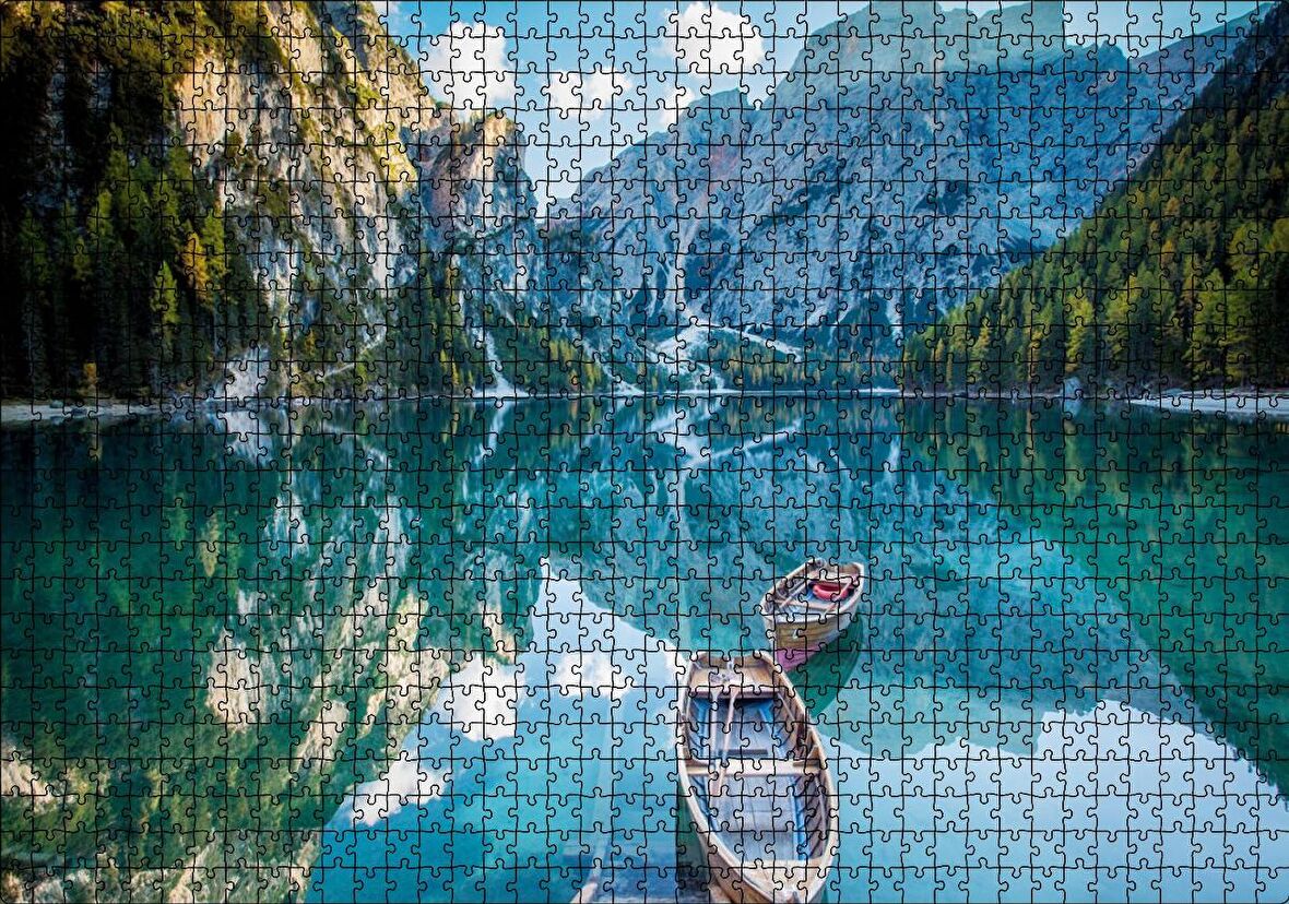 Cakapuzzle Berrak Dağ Gölü Karlı Dağlar ve İki Kayık Puzzle Yapboz MDF Ahşap