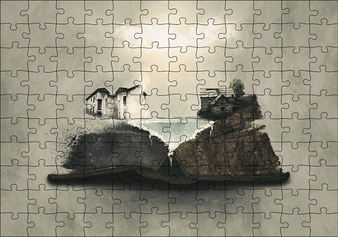 Cakapuzzle Fantastik Kitap Sayfaları Üstünde Eski Evler Puzzle Yapboz MDF Ahşap