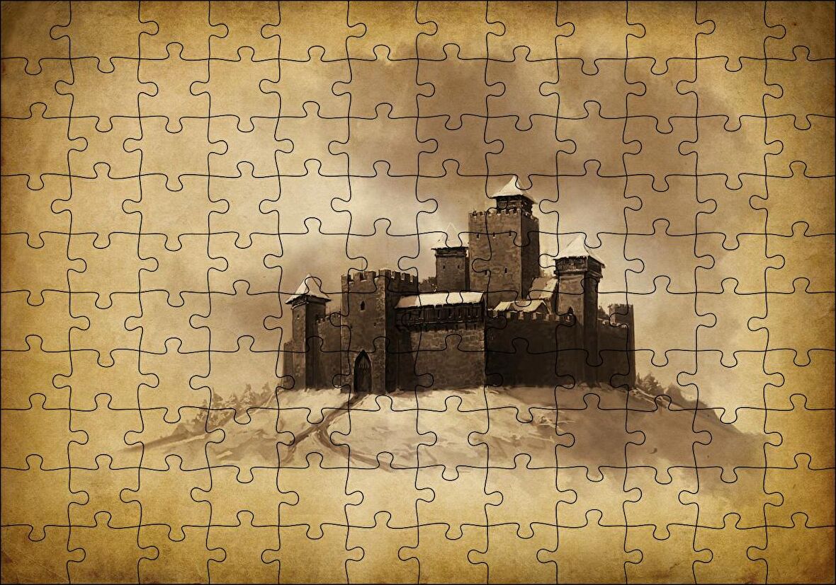 Cakapuzzle Kara Kalem Sanat Çalışması Şato Görseli Puzzle Yapboz MDF Ahşap