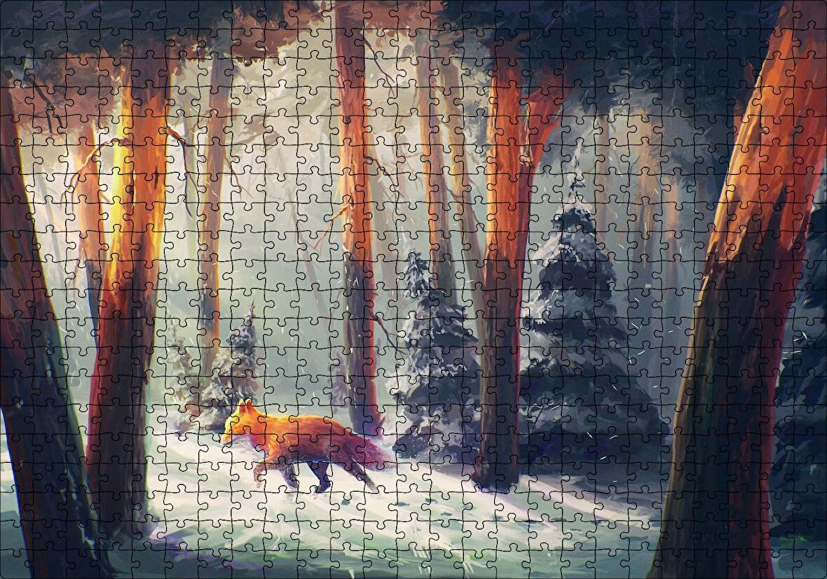 Cakapuzzle Karlı Orman Günışığı Ve Kurt Animasyon Görseli Puzzle Yapboz MDF Ahşap