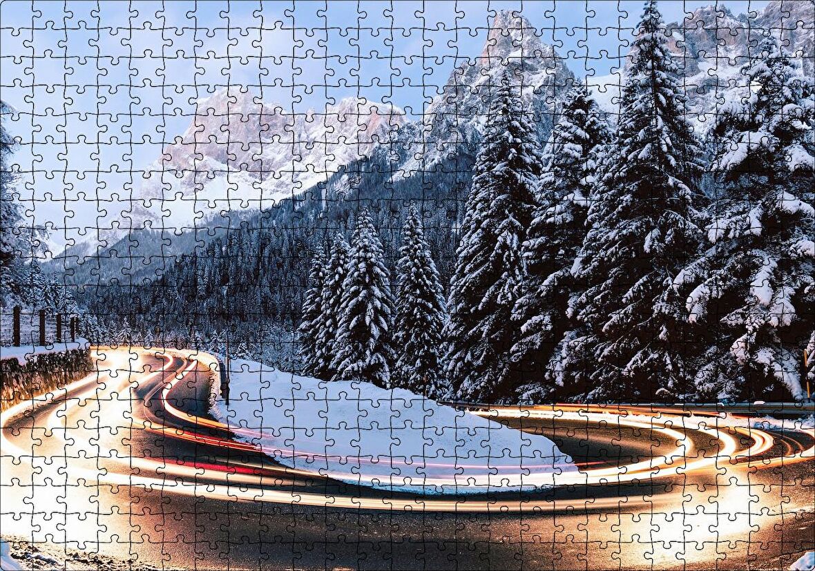 Cakapuzzle Karlı Orman İçindeki Yol Uzun Pozlama Çekim Puzzle Yapboz MDF Ahşap
