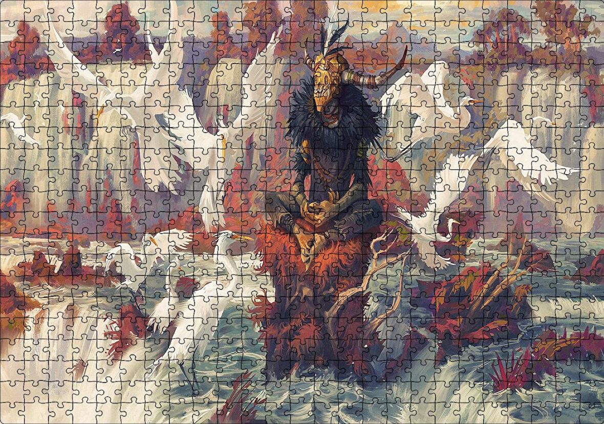Cakapuzzle Kuşlar Şelale Kırmızı Kaya Boynuz Maskeli Adam Görseli Puzzle Yapboz MDF Ahşap