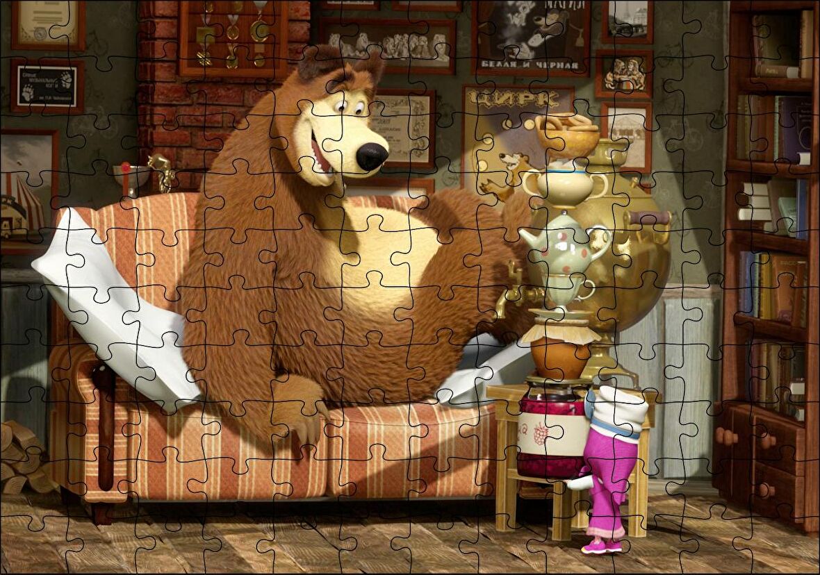Cakapuzzle Masha Ayıyı Çay İçmeye Çağırır Görseli Puzzle Yapboz MDF Ahşap