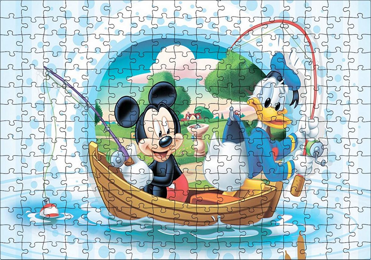 Cakapuzzle Mickey Mouse ve Donald Duck Tekne ile Balık Tutma Puzzle Yapboz MDF Ahşap