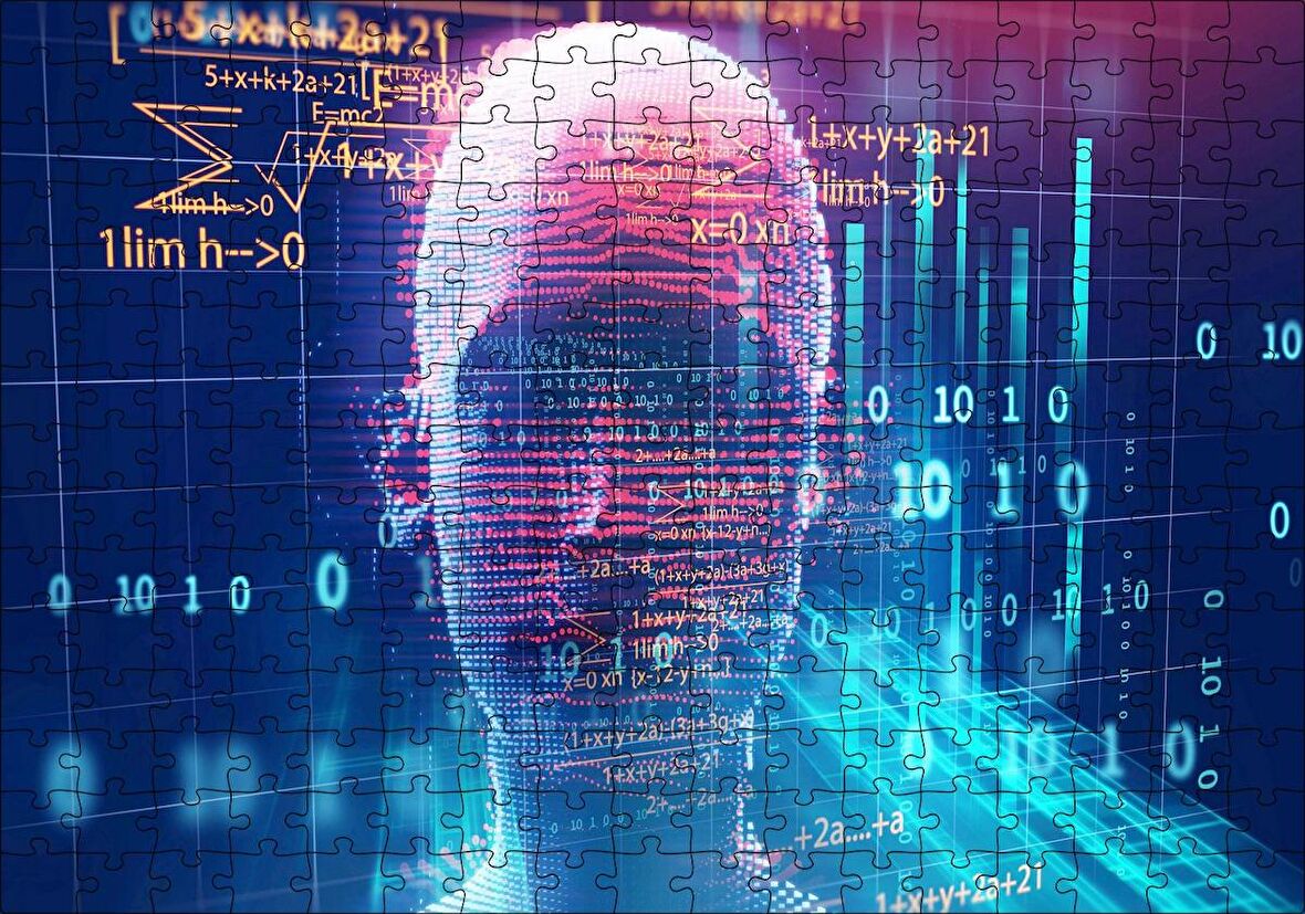 Cakapuzzle Robotik Kadın Yüzü Silüet ve Dijital Semboller Puzzle Yapboz MDF Ahşap