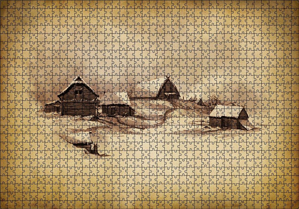 Cakapuzzle Sarı Zeminde Ahşap Çiftlik Evleri Çizim Görseli Puzzle Yapboz MDF Ahşap