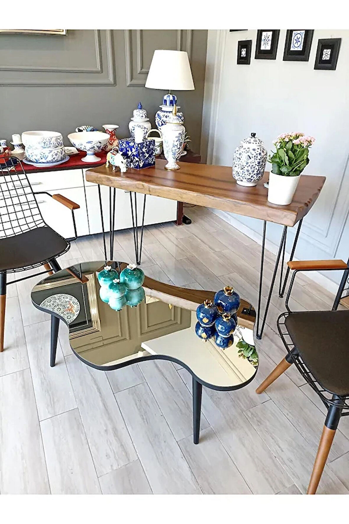 Fawdecor Aynalı Masif Ahşap Orta Sehpa - 100 X 64 Cm Ebatında Modern Cam Tablalı Ahşap Orta Sehpa