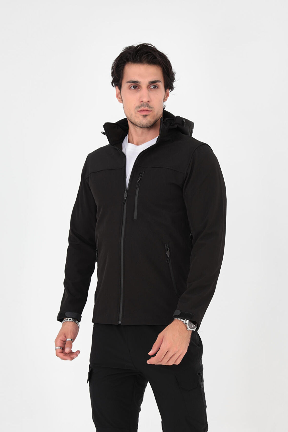 Camp457 Outdoor Softshell Su Ve Rüzgara Dayanıklı İçi Polarlı Seyyar Kapşonlu Erkek Taktik Mont
