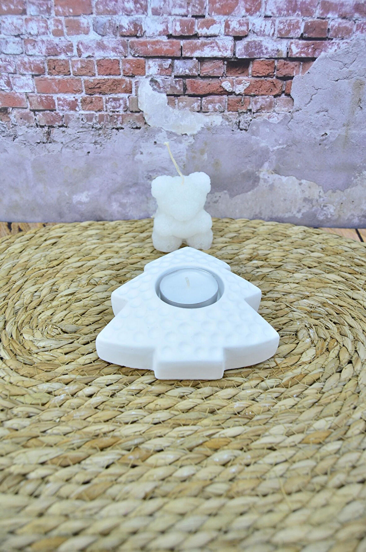 Çam Ağacı Şeklinde Dekoratif Tealight Mumluk Taş Tozu Beton Seramik Görünümlü