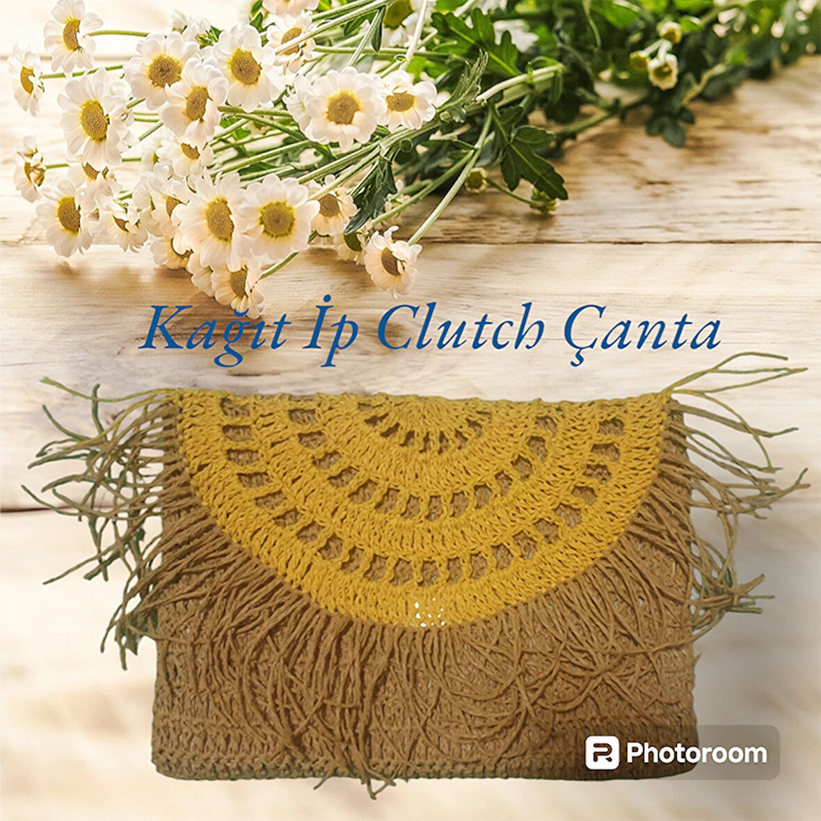 El Örgüsü Kağıt İp Clutch Çanta Sarı Püskül Detay