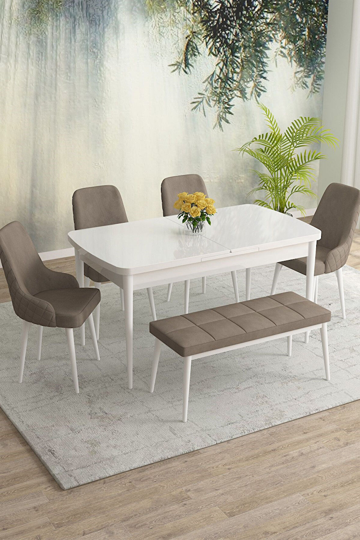 Meri Serisi Beyaz 80x132 Açılabilir Mdf Masa Yemek Odası Takımı,Mutfak Masa Takımı 4 Sandalye 1Bench