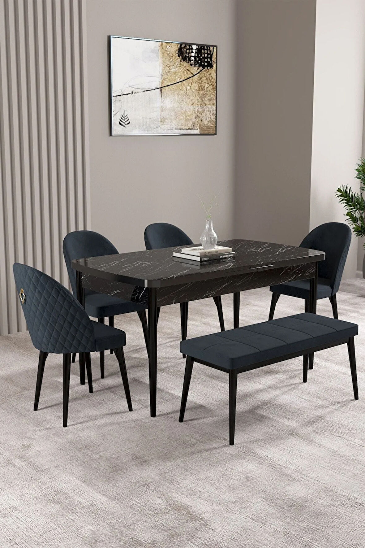 Clara Siyah Mermer Desen 80x132 Açılabilir Yemek Odası Takımı 6  Sandalye