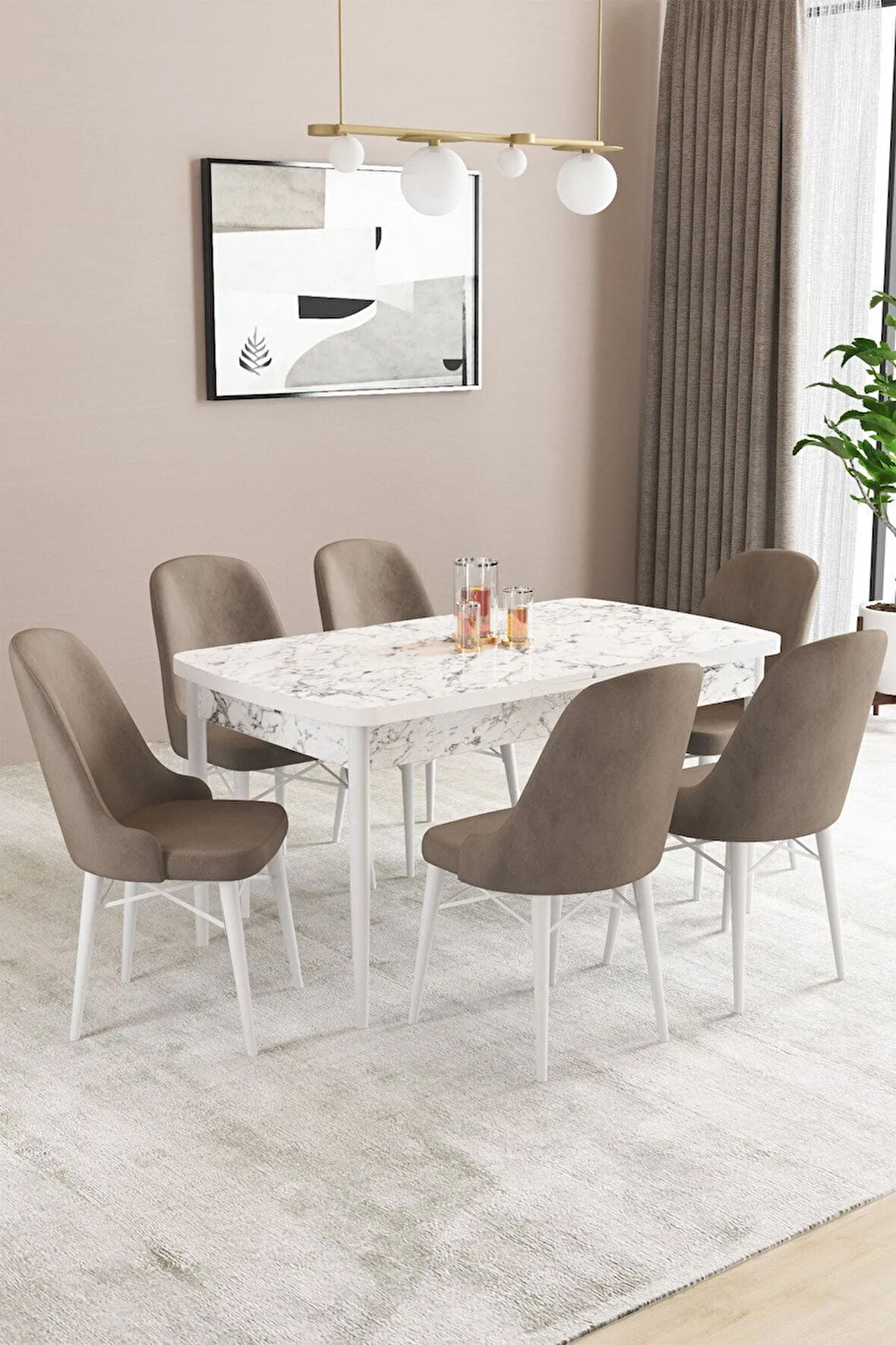 Fonza Beyaz Mermer Desen 80x132 MDF Açılabilir Mutfak Masası Takımı 6  Sandalye