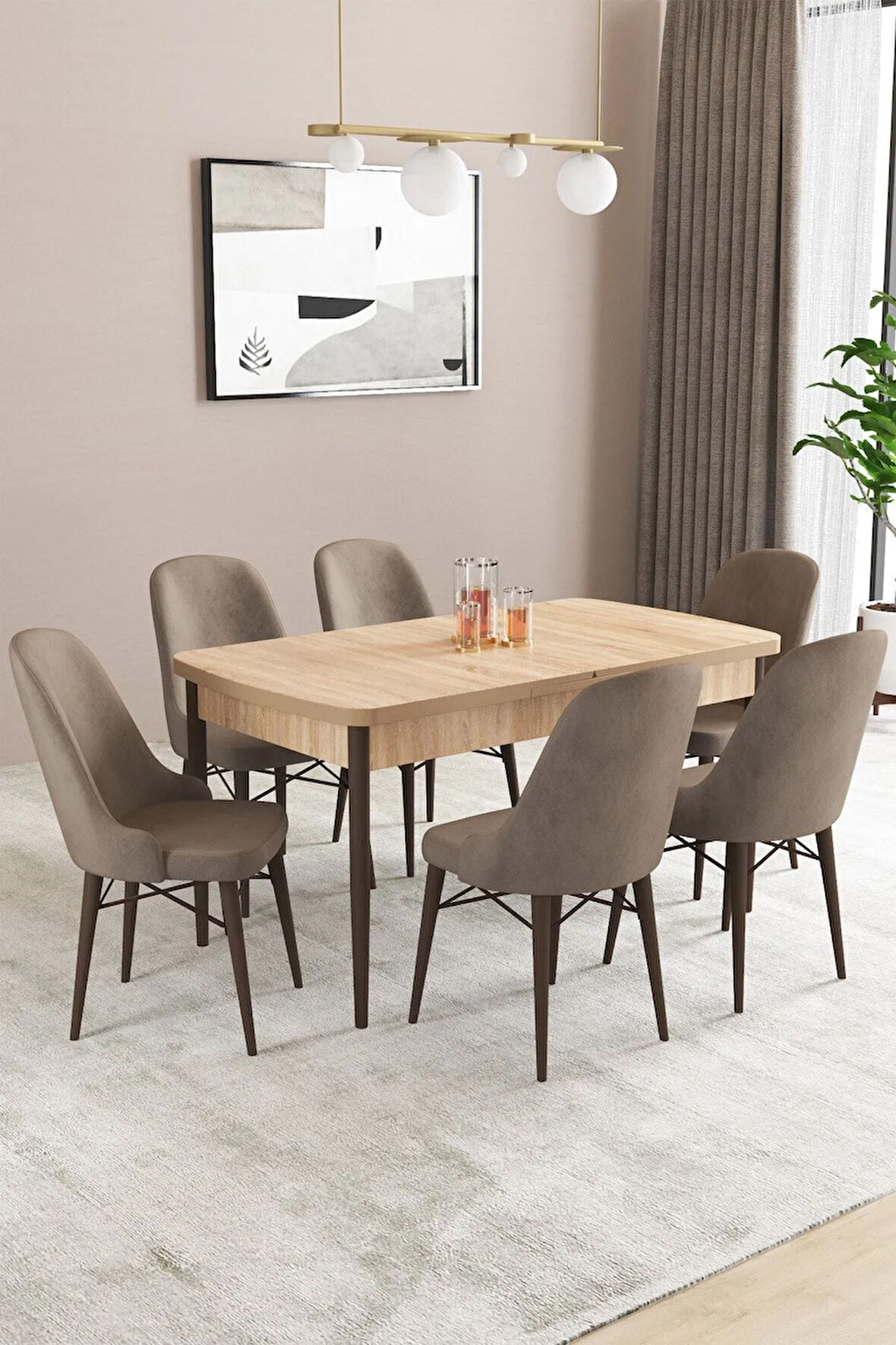 Fonza Meşe Desen MDF 80x132 MDF Açılabilir Mutfak Masası Takımı 6  Sandalye