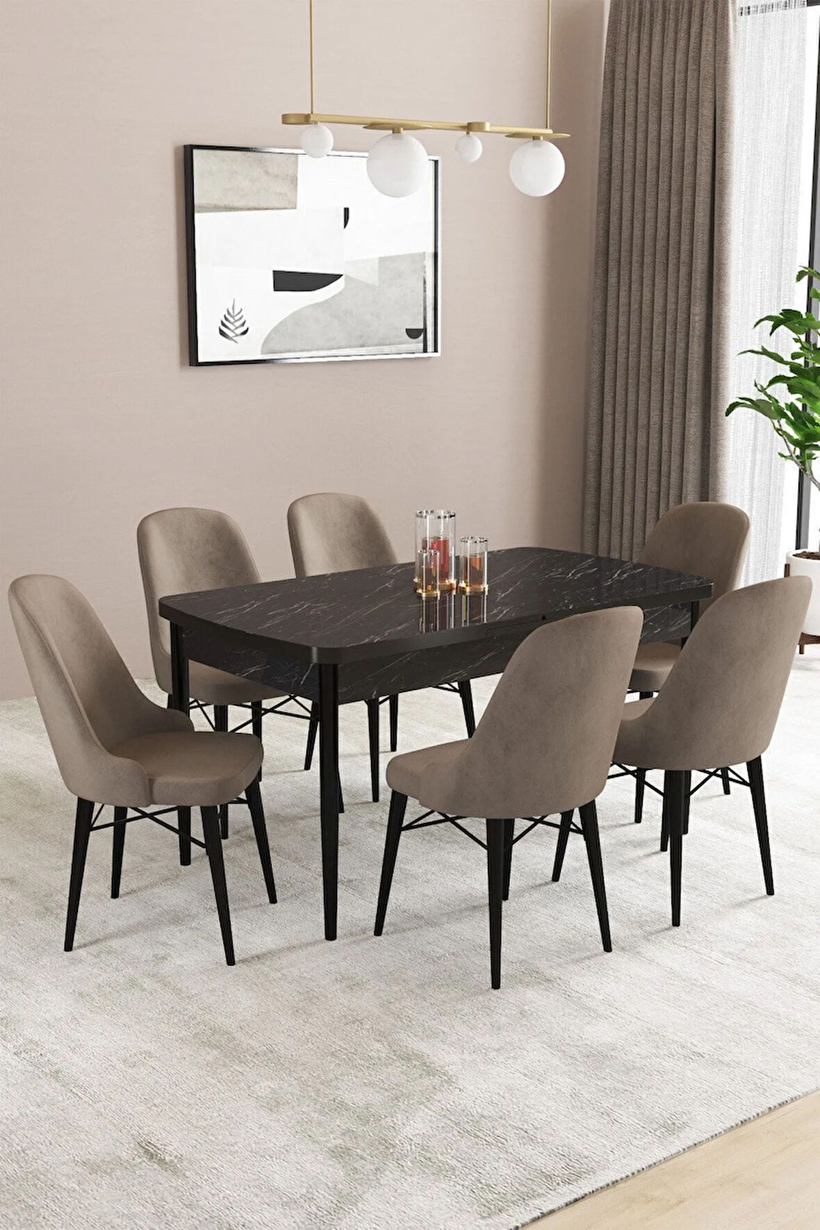 Fonza Siyah Mermer Desen 80x132 MDF Açılabilir Mutfak Masası Takımı 6  Sandalye