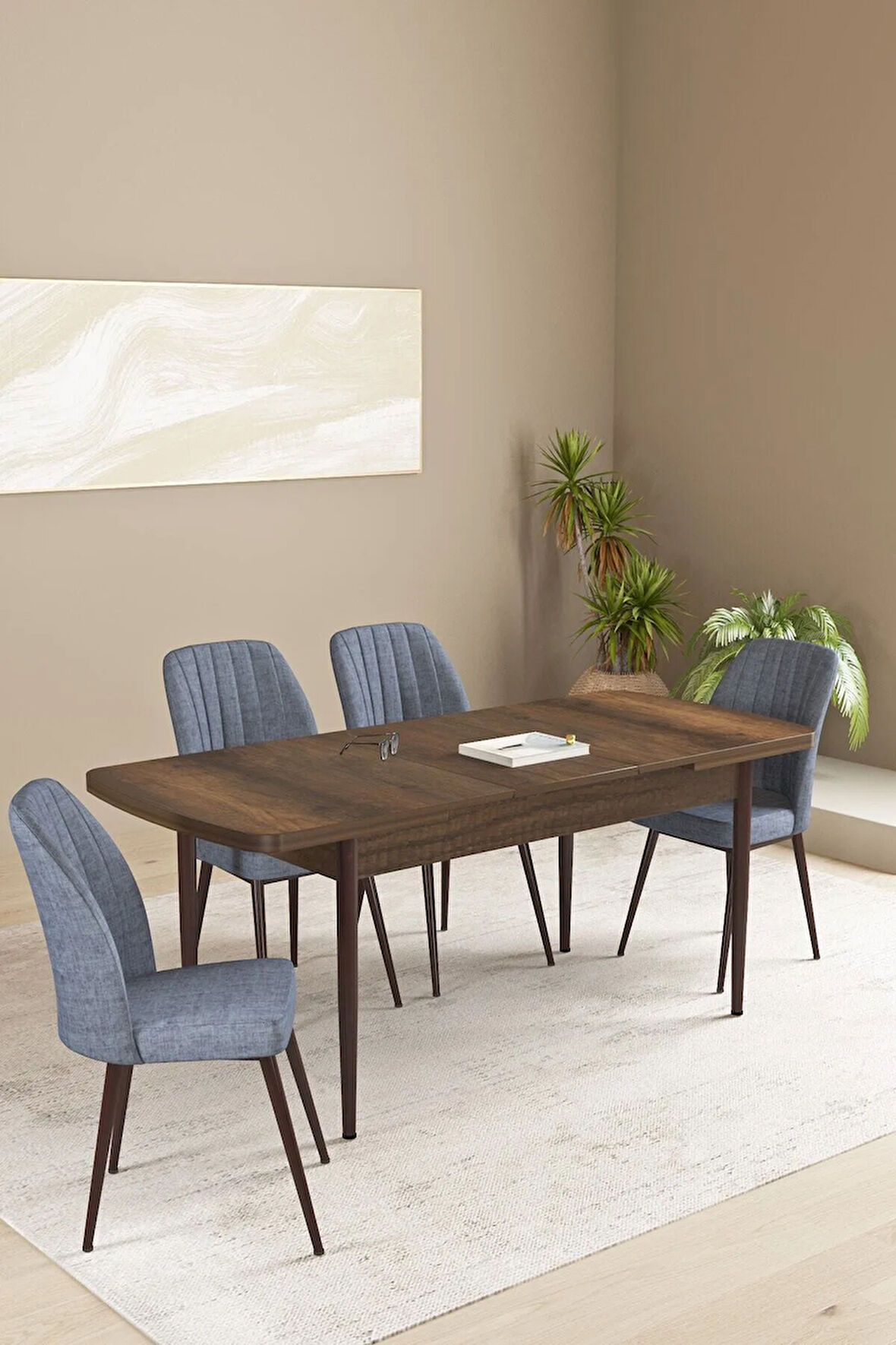 Mabel Beyaz Desen 80x132 MDF Açılabilir Mutfak Masası Takımı 6  Sandalye