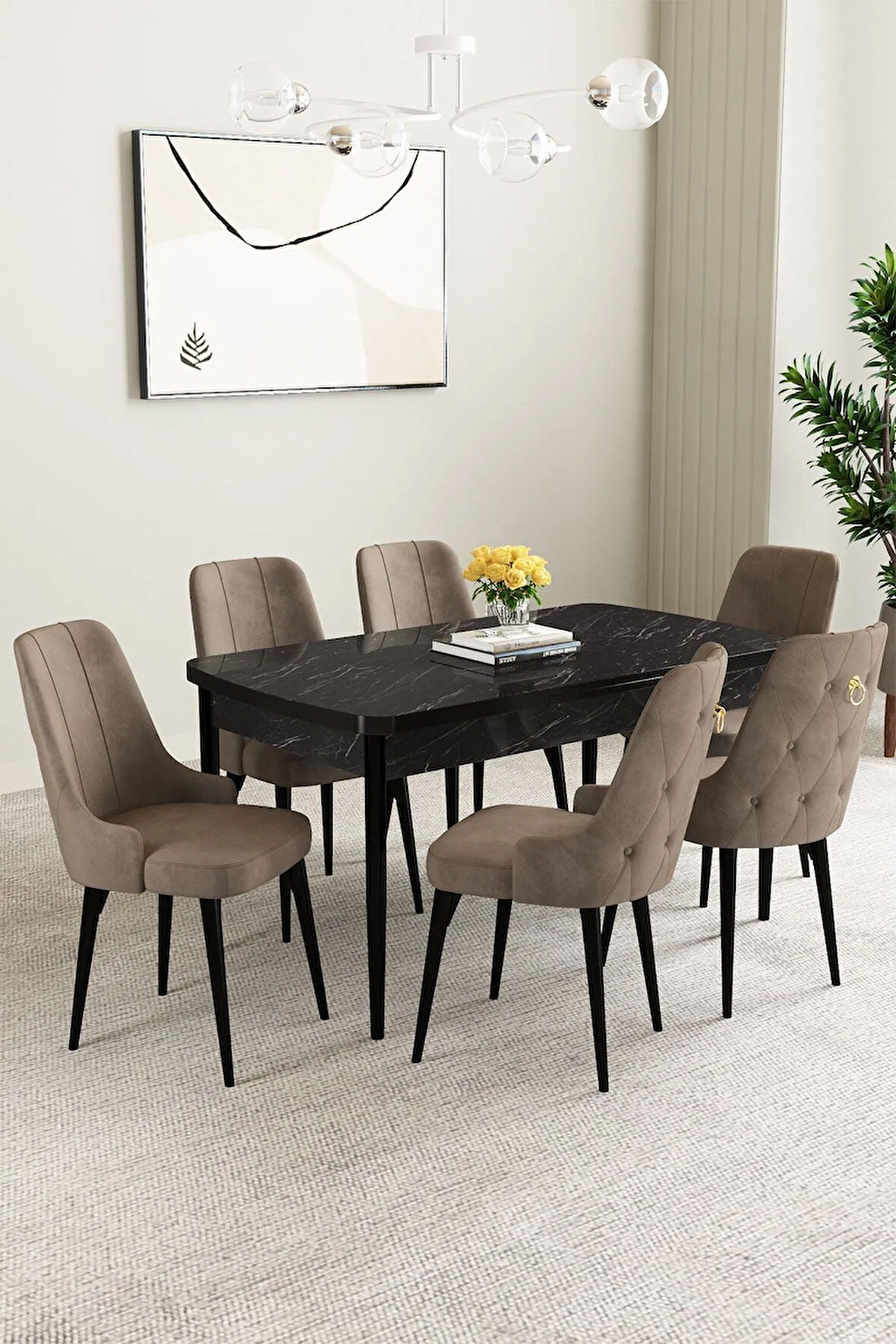 Mabel Siyah Mermer Desen 80x132 Açılabilir Yemek Odası Takımı 6  Sandalye