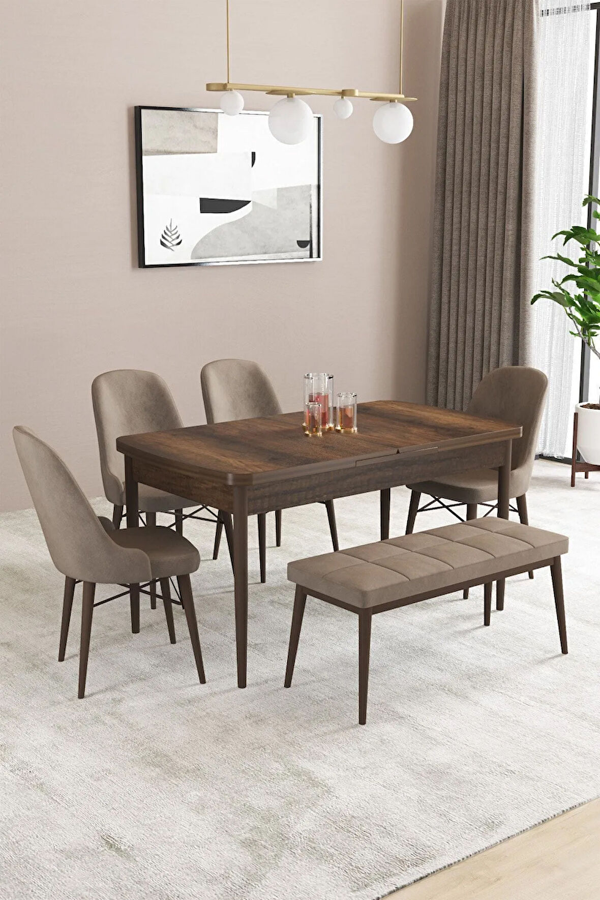 Fonza Barok 80x132 MDF Açılabilir Mutfak Masası Takımı 4 Sandalye , 1 Bench